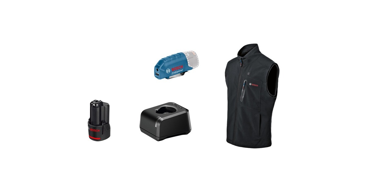 Bosch Heat+Jacket GHV 12+18V Kit Größe L, Arbeitskleidung(schwarz, inkl. Ladegerät GAL 12V-20 Professional, 1x Akku GBA 12V 2.0Ah)