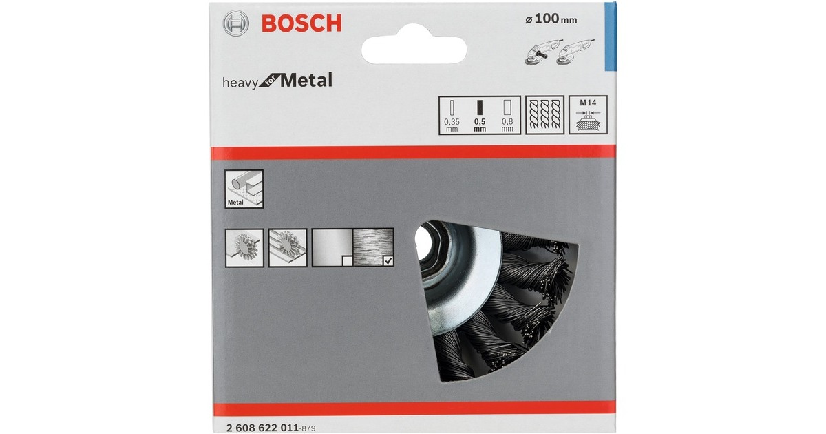 Bosch Kegelbürste Heavy for Metal, Ø 100mm, gezopft(0,5mm Stahldraht, M14, für Winkelschleifer)