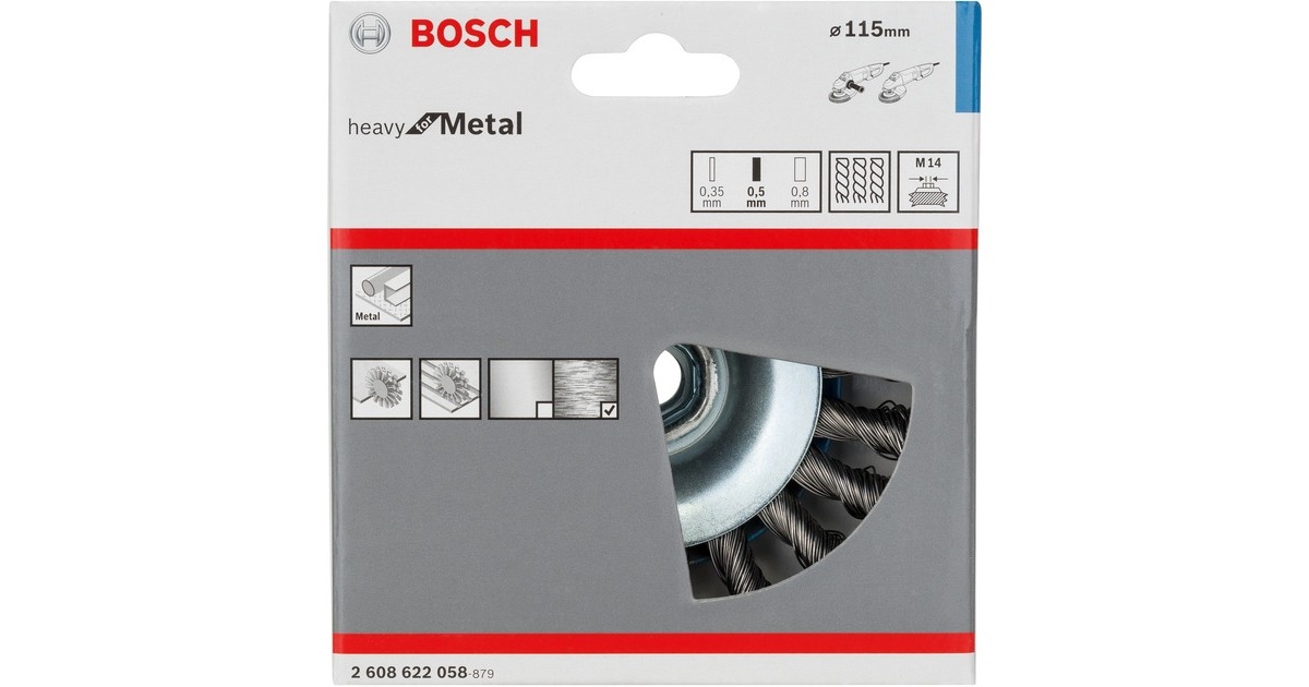 Bosch Kegelbürste Heavy for Metal, Ø 115mm, gezopft(0,5mm Stahldraht, M14, für Winkelschleifer)