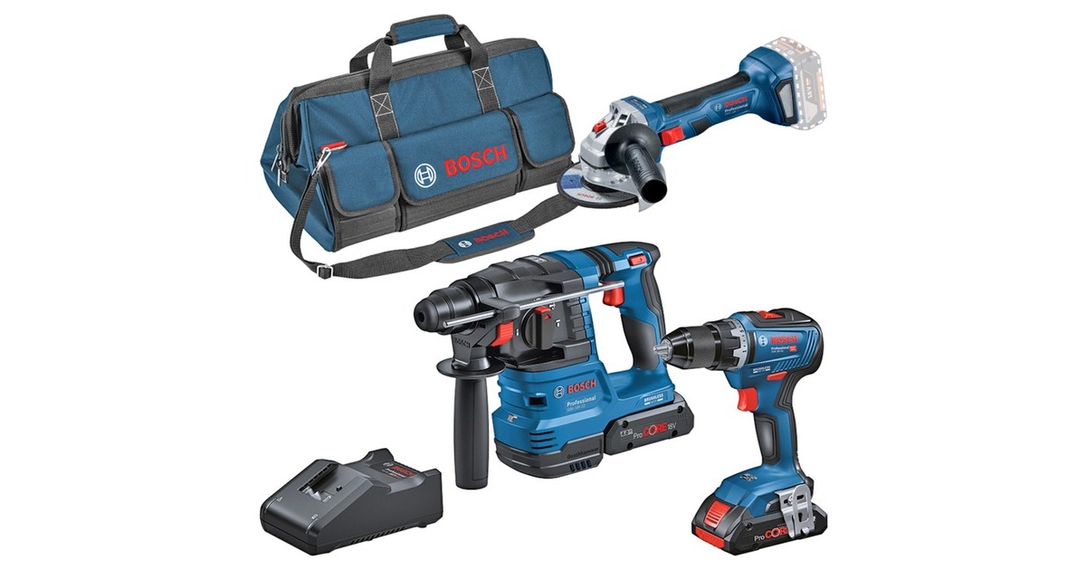 Bosch Kombi-Set 18V: GSR 18V-55 + GWS 18V-7 + GBH 18V-22, Werkzeug-Set(blau, 2x Akku ProCORE18V 4,0Ah, Werkzeugtasche)
