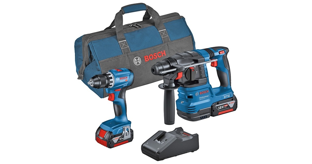 Bosch Kombi-Set Akku-Bohrschrauber GSR 18V-45 + Akku-Bohrhammer GBH 18V-22(blau, 2x Li-Ionen Akku 4,0Ah, Werkzeugtasche)