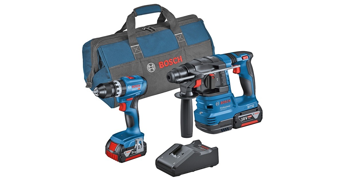 Bosch Kombi-Set Akku-Schlagbohrschrauber GSB 18V-45 + Akku-Bohrhammer GBH 18V-22(blau, 2x Li-Ionen Akku 4,0Ah, Werkzeugtasche)