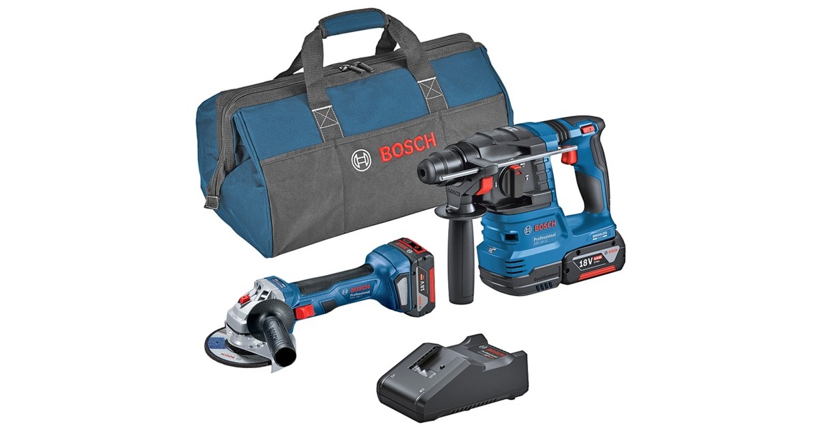 Bosch Kombi-Set Akku-Winkelschleifer GWS 18V-7 + Akku-Bohrhammer GBH 18V-22, Werkzeug-Set(blau, 2x Li-Ionen Akku 4,0Ah, Werkzeugtasche)