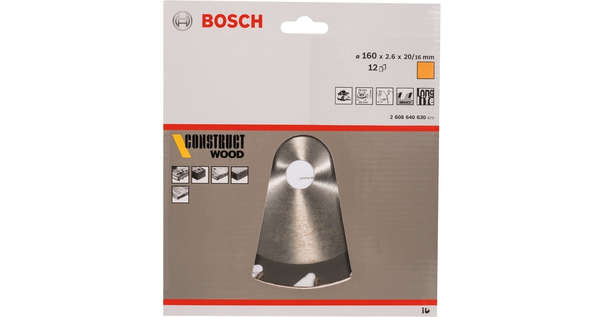Bosch Kreissägeblatt Construct Wood, Ø 160mm, 12Z(Bohrung 20mm, für Handkreissägen)