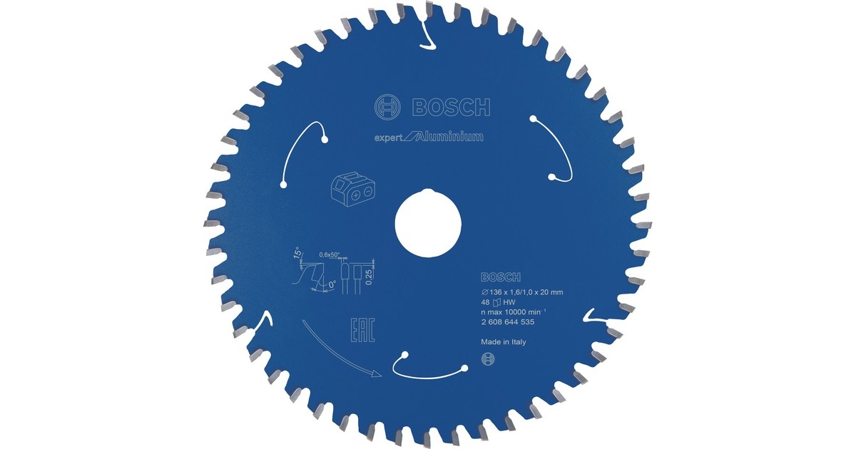 Bosch Kreissägeblatt Expert for Aluminium, Ø 136mm, 48Z(Bohrung 20mm, für Akku-Handkreissägen)