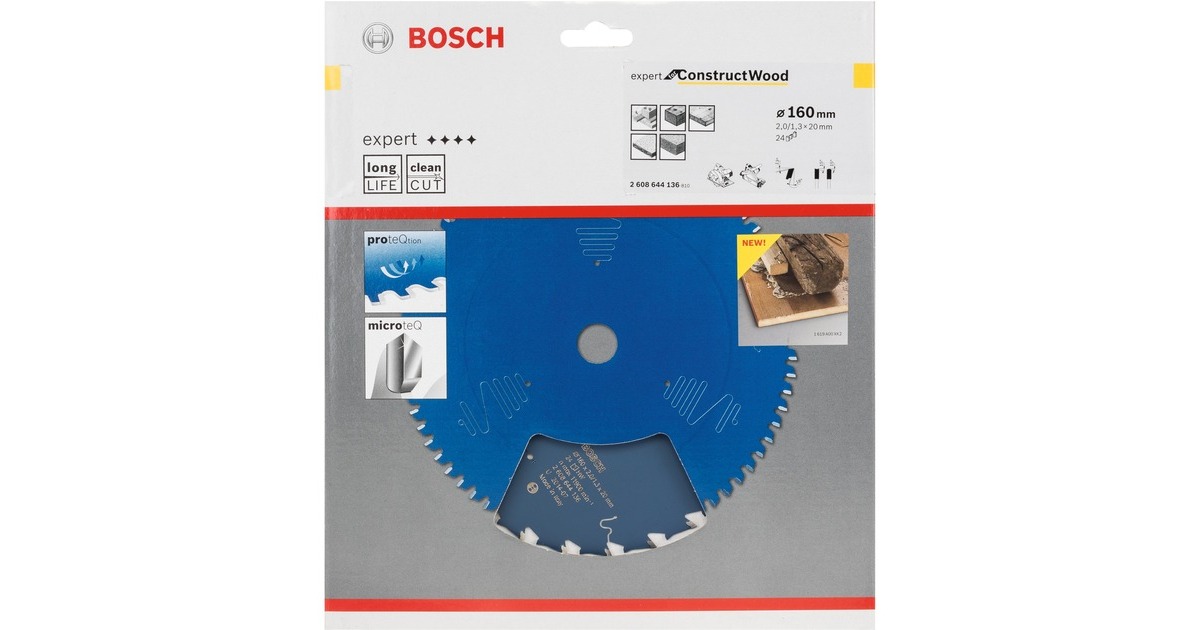 Bosch Kreissägeblatt Expert for Construct Wood, Ø 160mm, 24Z(Bohrung 20mm, für Handkreissägen)