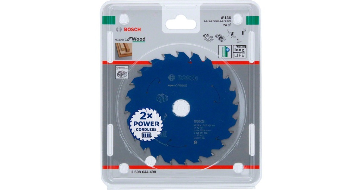Bosch Kreissägeblatt Expert for Wood, Ø 136mm, 24Z(Bohrung 20mm, für Akku-Handkreissägen)