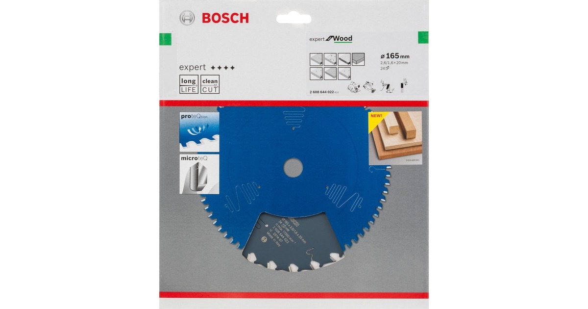 Bosch Kreissägeblatt Expert for Wood, Ø 165mm, 24Z(Bohrung 20mm, für Handkreissägen)
