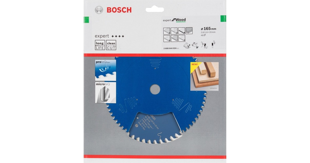 Bosch Kreissägeblatt Expert for Wood, Ø 165mm, 48Z(Bohrung 20mm, für Handkreissägen)