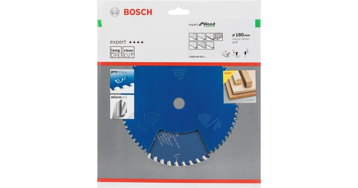 Bosch Kreissägeblatt Expert for Wood, Ø 180mm, 48Z(Bohrung 20mm, für Handkreissägen)