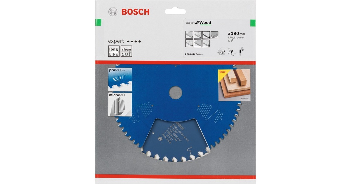 Bosch Kreissägeblatt Expert for Wood, Ø 190mm, 40Z(Bohrung 30mm, für Handkreissägen)