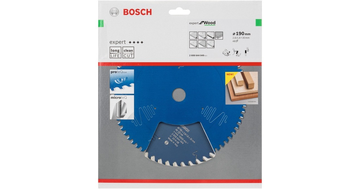 Bosch Kreissägeblatt Expert for Wood, Ø 190mm, 48Z(Bohrung 20mm, für Handkreissägen)