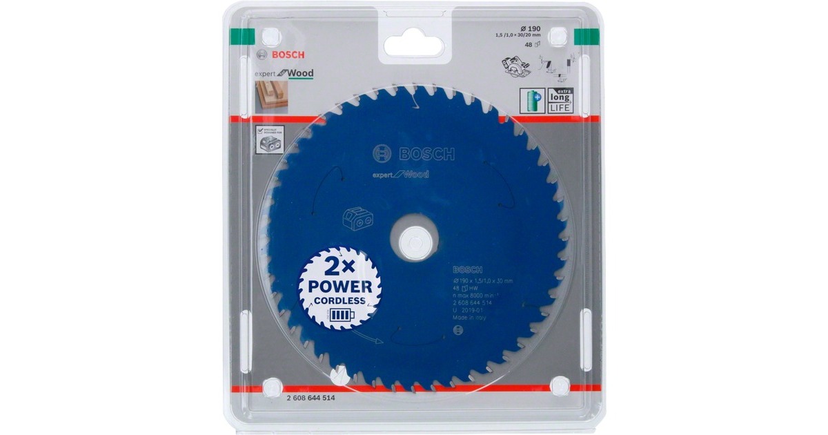 Bosch Kreissägeblatt Expert for Wood, Ø 190mm, 48Z(Bohrung 30mm, für Akku-Handkreissägen)