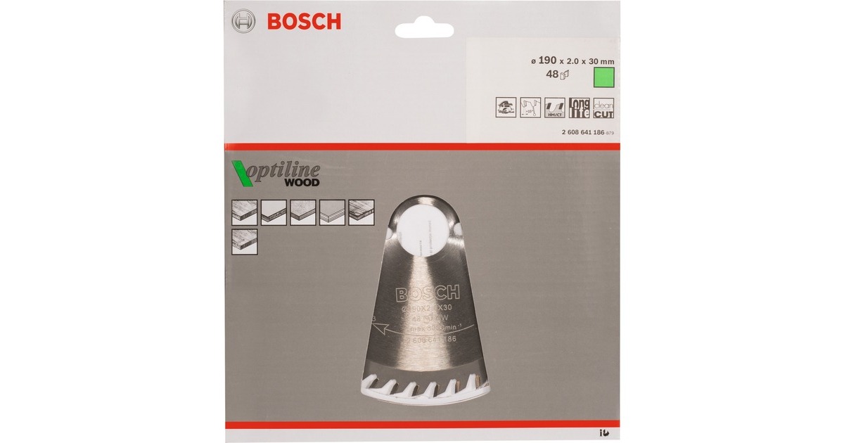 Bosch Kreissägeblatt Optiline Wood, Ø 190mm, 48Z(Bohrung 30mm, für Handkreissägen)