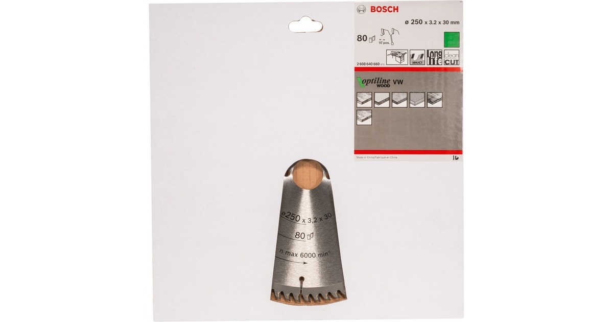 Bosch Kreissägeblatt Optiline Wood, Ø 250mm, 80Z(Bohrung 30mm, für Tischkreissägen)
