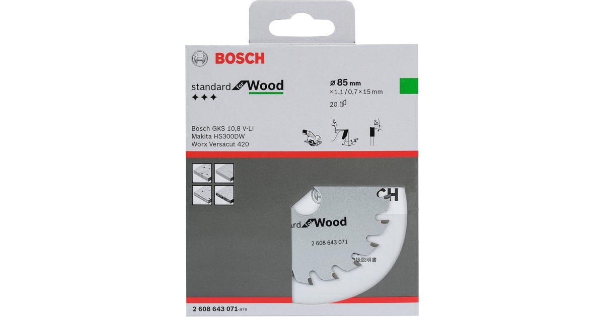 Bosch Kreissägeblatt Optiline Wood, Ø 85mm, 20Z(Bohrung 15mm, für Handkreissägen)