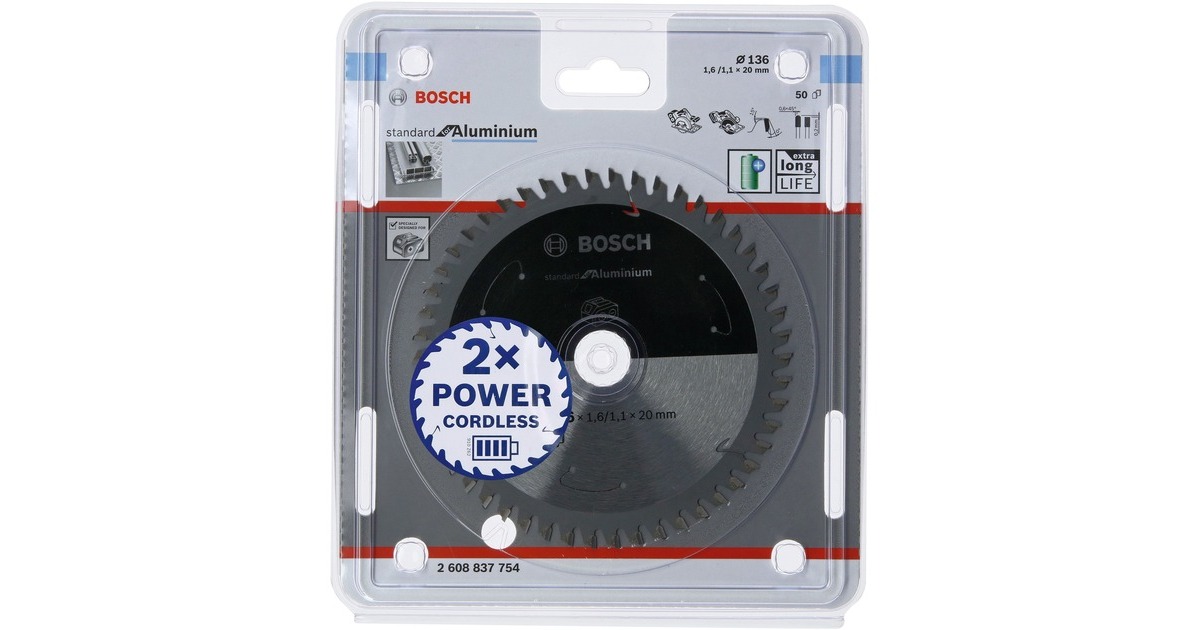 Bosch Kreissägeblatt Standard for Aluminium, Ø 136mm, 50Z(Bohrung 20mm, für Akku-Handkreissägen)