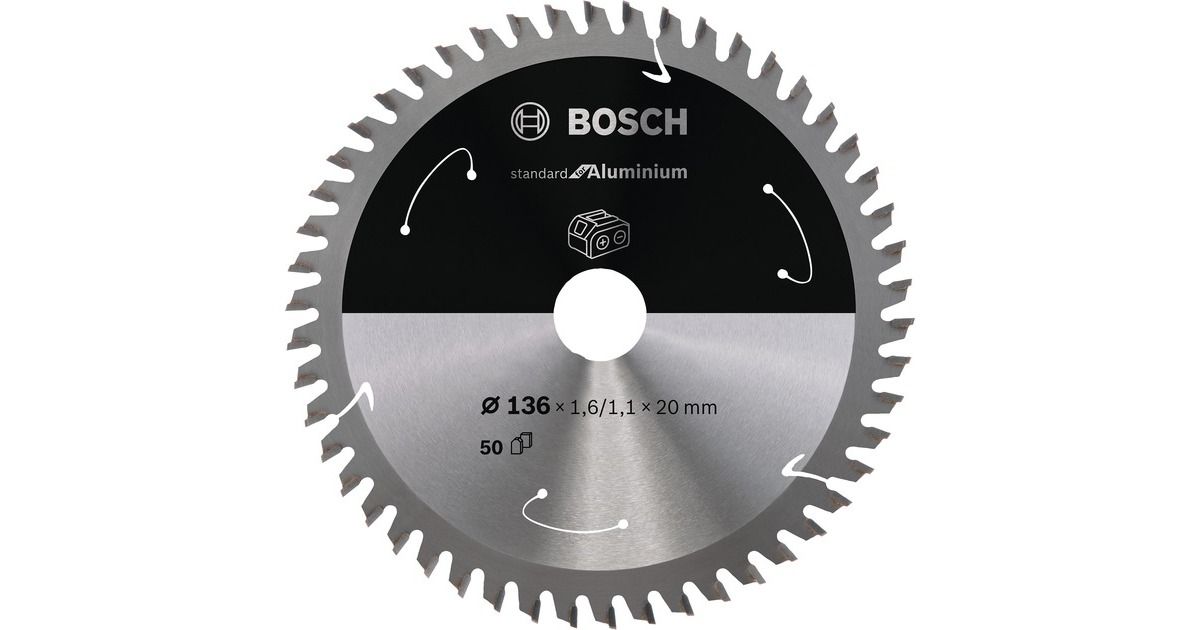 Bosch Kreissägeblatt Standard for Aluminium, Ø 136mm, 50Z(Bohrung 20mm, für Akku-Handkreissägen)