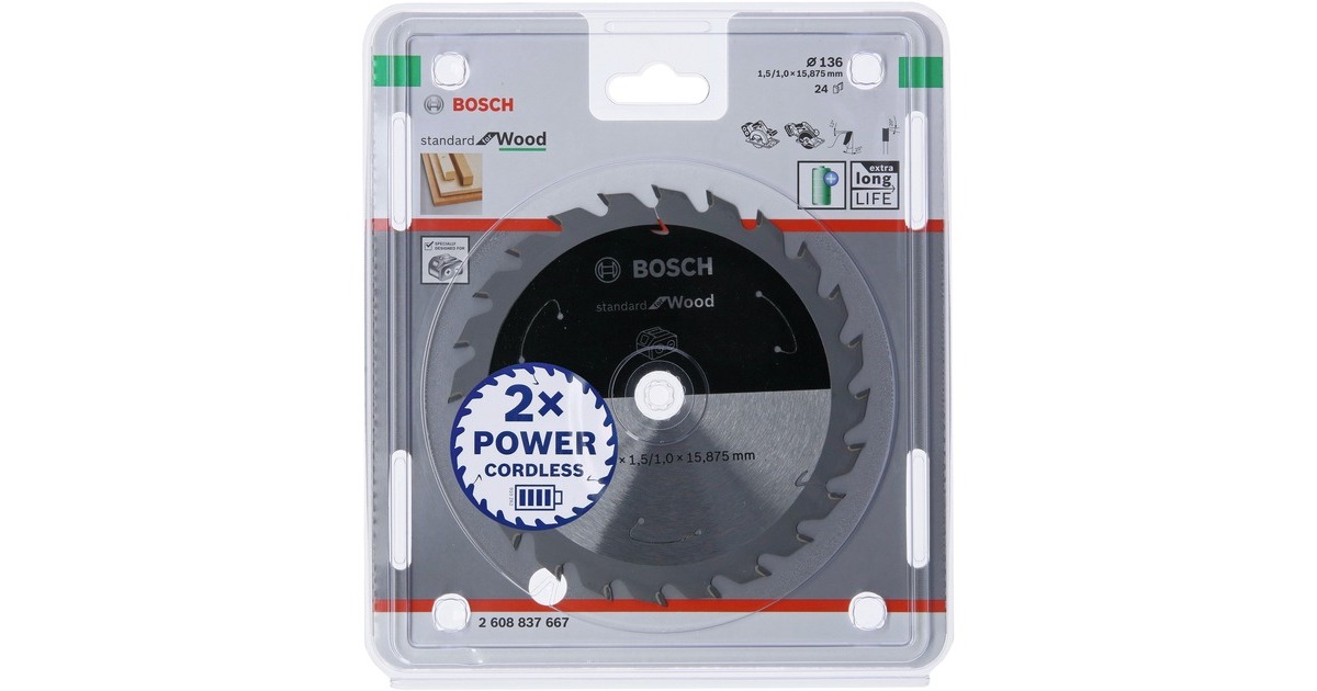 Bosch Kreissägeblatt Standard for Wood, Ø 136mm, 24Z(Bohrung 15,875mm, für Akku-Handkreissägen)