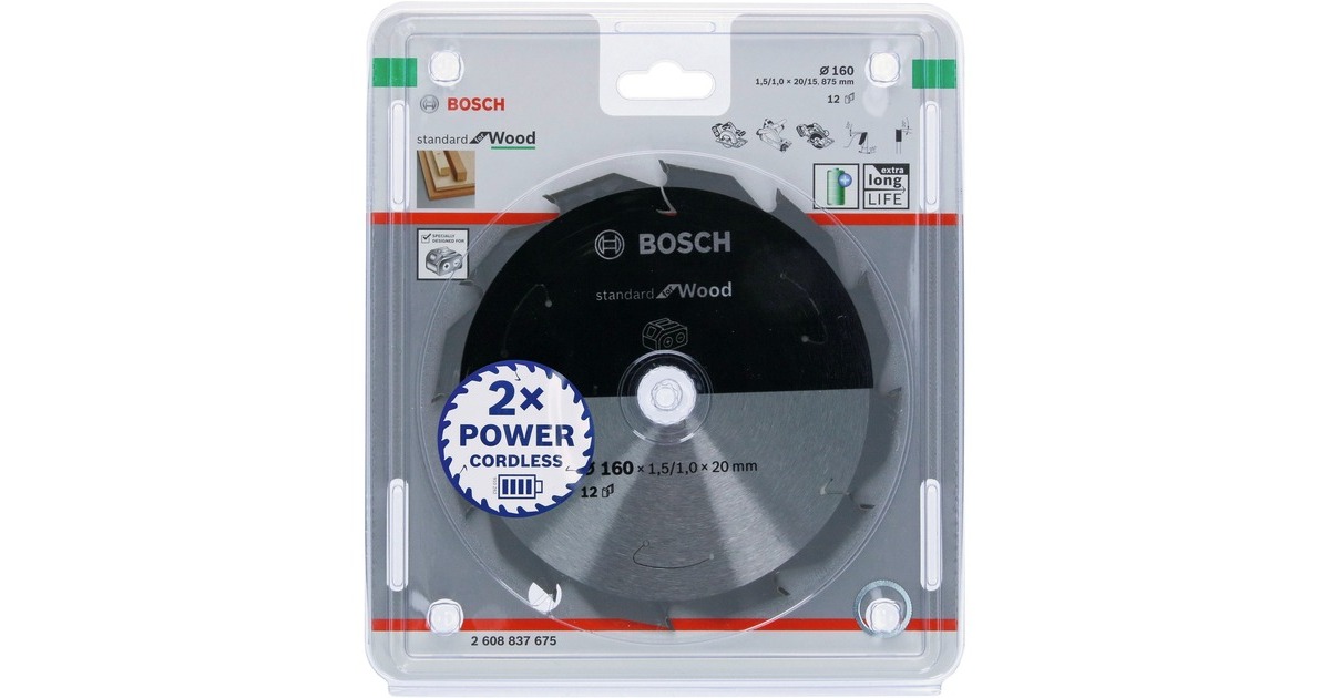 Bosch Kreissägeblatt Standard for Wood, Ø 160mm, 12Z(Bohrung 20mm, für Akku-Handkreissägen)