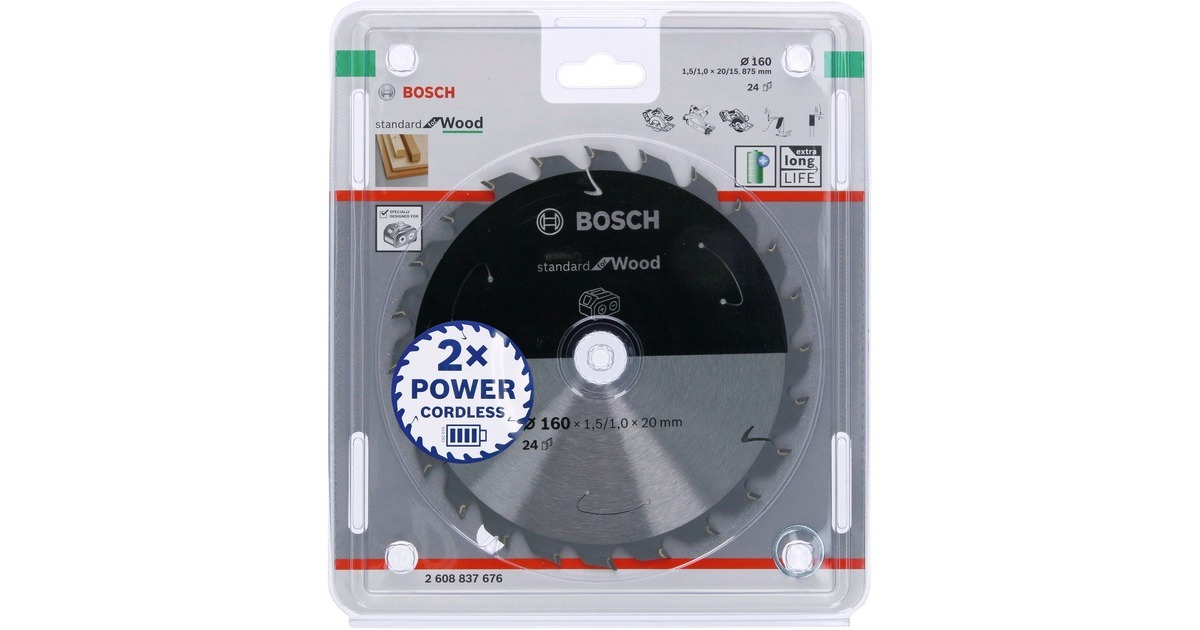 Bosch Kreissägeblatt Standard for Wood, Ø 160mm, 24Z(Bohrung 20mm, für Akku-Handkreissägen)