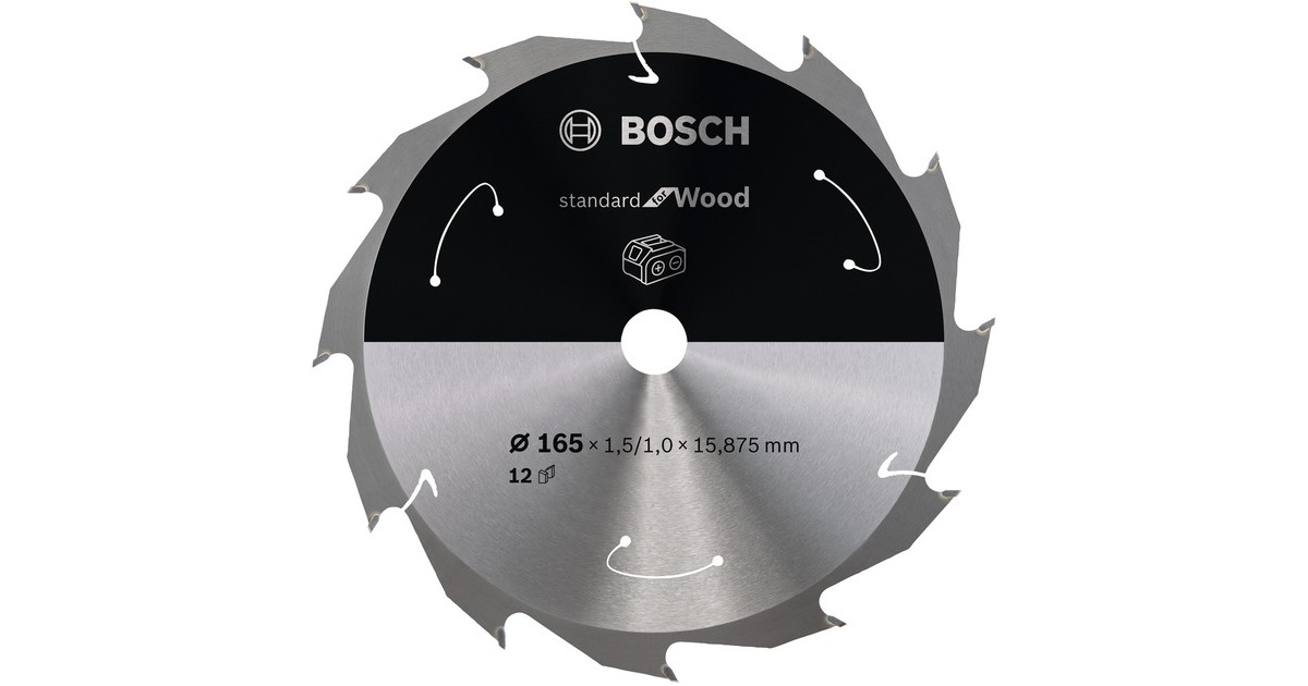 Bosch Kreissägeblatt Standard for Wood, Ø 165mm, 12Z(Bohrung 15,875mm, für Akku-Handkreissägen)