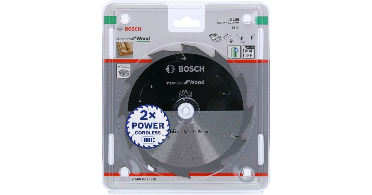 Bosch Kreissägeblatt Standard for Wood, Ø 165mm, 12Z(Bohrung 20mm, für Akku-Handkreissägen)