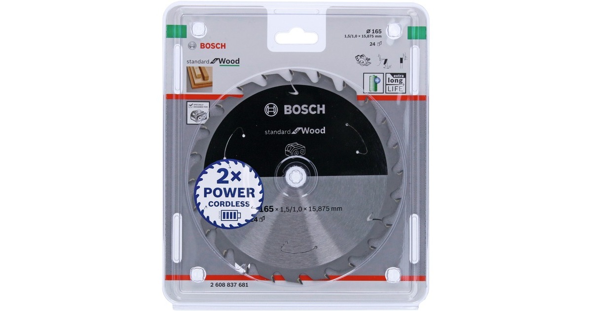 Bosch Kreissägeblatt Standard for Wood, Ø 165mm, 24Z(Bohrung 15,875mm, für Akku-Handkreissägen)