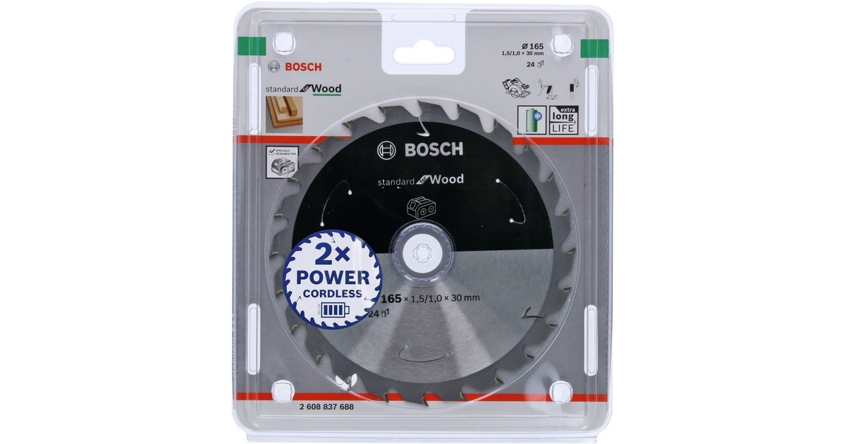 Bosch Kreissägeblatt Standard for Wood, Ø 165mm, 24Z(Bohrung 30mm, für Akku-Handkreissägen)