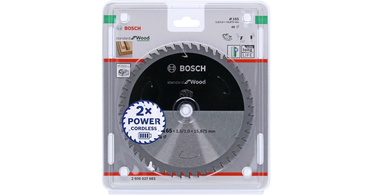 Bosch Kreissägeblatt Standard for Wood, Ø 165mm, 48Z(Bohrung 15,875mm, für Akku-Handkreissägen)