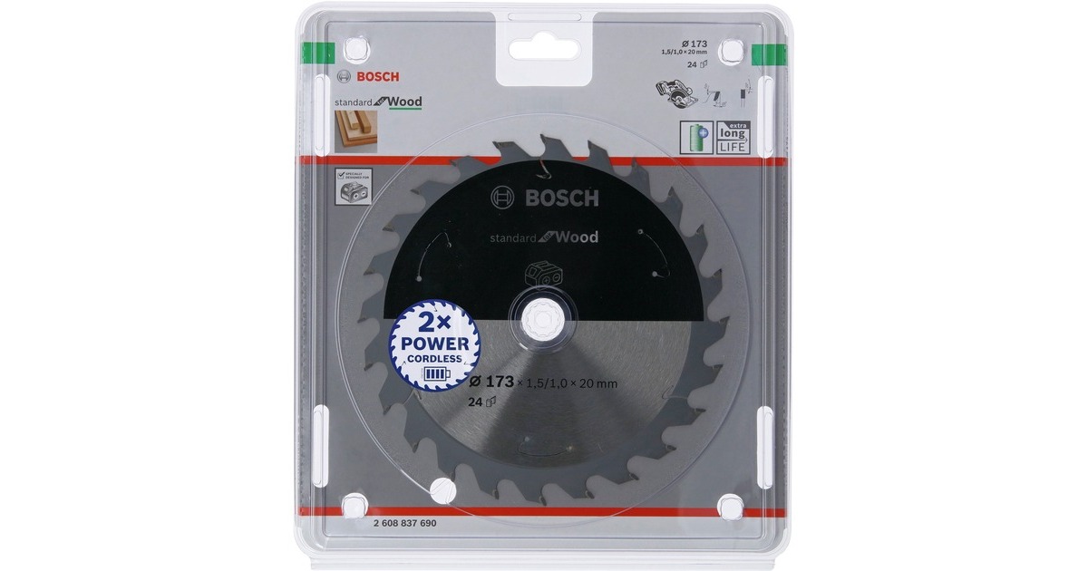 Bosch Kreissägeblatt Standard for Wood, Ø 173mm, 24Z(Bohrung 20mm, für Akku-Handkreissägen)