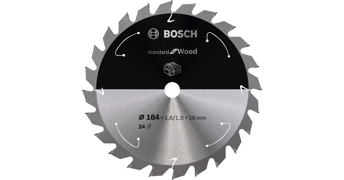 Bosch Kreissägeblatt Standard for Wood, Ø 184mm, 24Z(Bohrung 16mm, für Akku-Kappsägen)