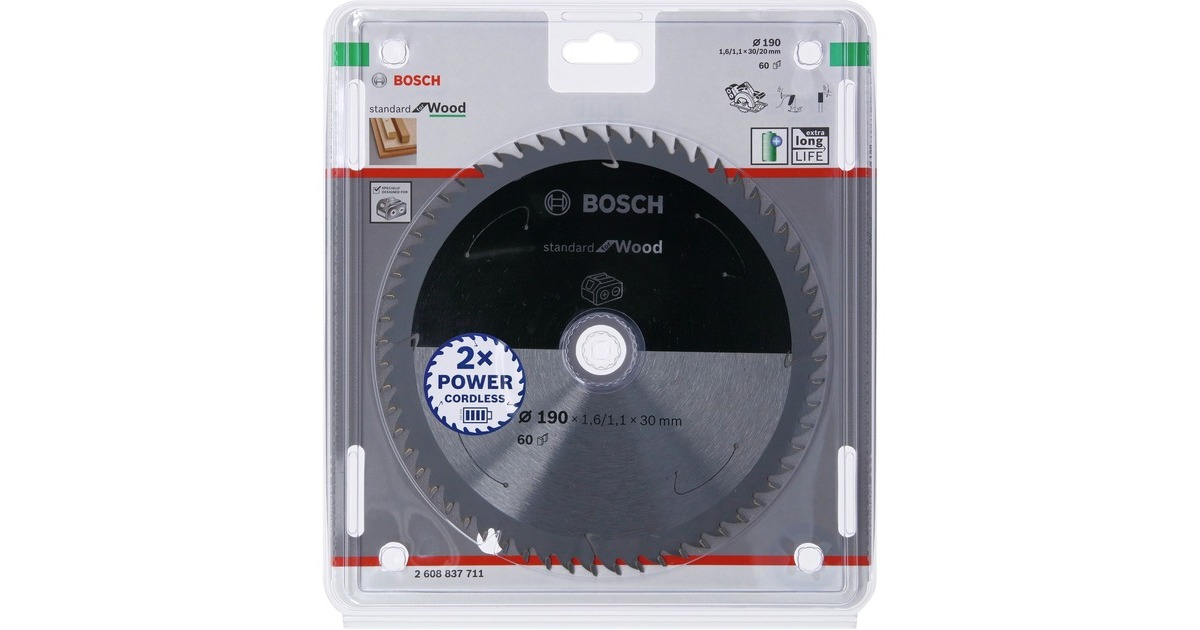 Bosch Kreissägeblatt Standard for Wood, Ø 190mm, 60Z(Bohrung 30mm, für Akku-Handkreissägen)