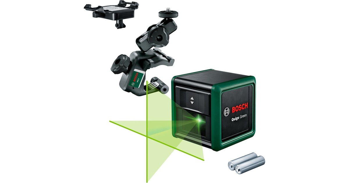 Bosch Kreuzlinienlaser Quigo Green II, mit Klemme(grün/schwarz, grüne Laserlinien, Reichweite 10 Meter)