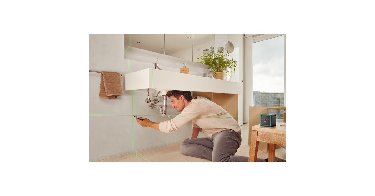 Bosch Kreuzlinienlaser Quigo Green II, mit Klemme(grün/schwarz, grüne Laserlinien, Reichweite 10 Meter)