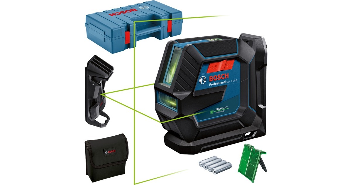 Bosch Linienlaser GLL 2-15 G Professional, mit Halterung, Kreuzlinienlaser(blau/schwarz, Koffer, Deckenklemme, grüne Laserlinien)