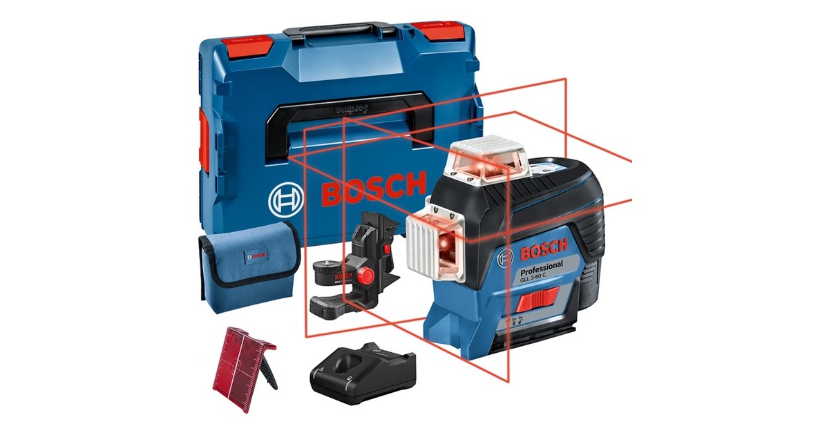 Bosch Linienlaser GLL 3-80 C Professional, L-BOXX, Kreuzlinienlaser(blau/schwarz, mit roten Laserlinien, Li-Ionen Akku 2,0Ah)