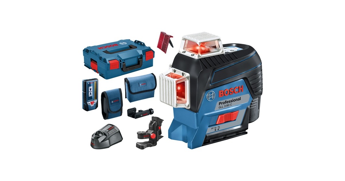 Bosch Linienlaser GLL 3-80 C Professional, Laser-Empfänger LR 7, L-BOXX, Kreuzlinienlaser(blau/schwarz, mit roten Laserlinien, Li-Ionen Akku 2,0Ah)