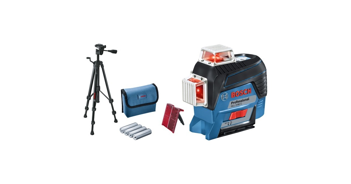 Bosch Linienlaser GLL 3-80 C Professional + Baustativ BT 150, Kreuzlinienlaser(blau/schwarz, mit roten Laserlinien, ohne Akku)