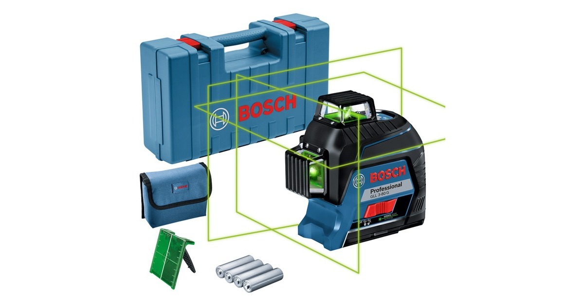 Bosch Linienlaser GLL 3-80 G Professional, Kreuzlinienlaser(blau/schwarz, Koffer, grüne Laserlinien)
