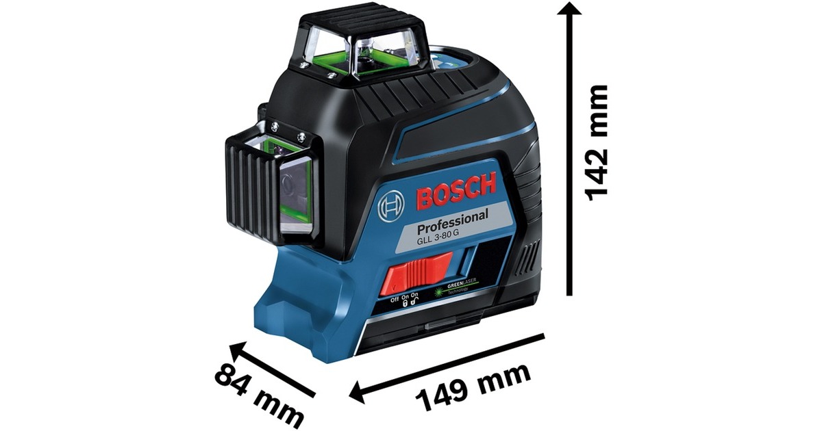 Bosch Linienlaser GLL 3-80 G Professional, Kreuzlinienlaser(blau/schwarz, Koffer, grüne Laserlinien)