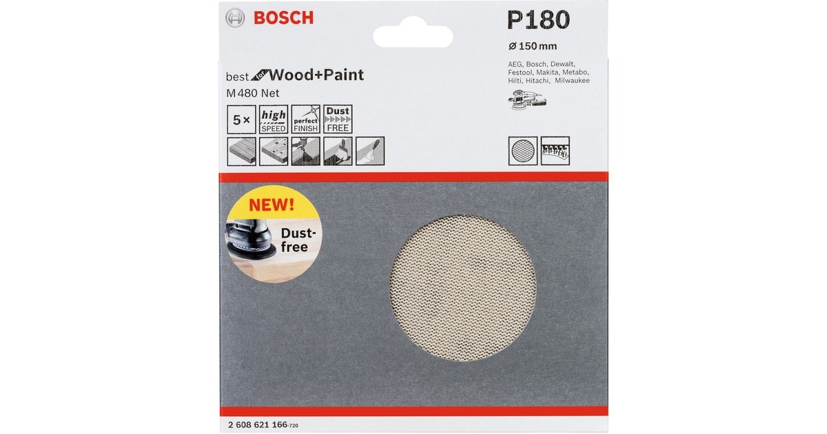 Bosch Netzschleifblatt M480 Net Best for Wood and Paint, Ø 150mm, K180(5 Stück, für Exzenterschleifer)