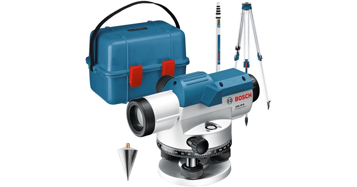 Bosch Optisches Nivelliergerät GOL 26 D Professional, mit Baustativ(blau, Koffer, Maßeinheit 360 Grad)