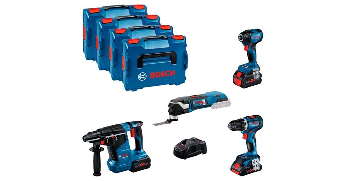 Bosch Profi Set Elektriker 18V: GSR + GDR + GBH + GOP, Werkzeug-Set(blau, 3x Akku ProCORE18V (1x 4,0Ah, 2x 5,5Ah), L-BOXXen)