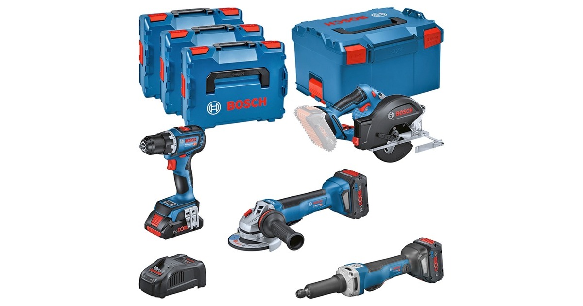 Bosch Profi Set Metall 18V: GSR 18V-90C + GWS 18V-15 PSC + GKM 18V-50 + GGS 18V-23 PLC, Werkzeug-Set(blau, 1x Akku ProCORE18V 4,0Ah, 2x Akku ProCORE18V 5,5Ah, L-BOXX)