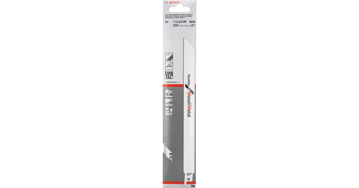 Bosch Säbelsägeblatt S 1122 HF Flexible for Wood and Metal, 5 Stück(Länge 225 mm)