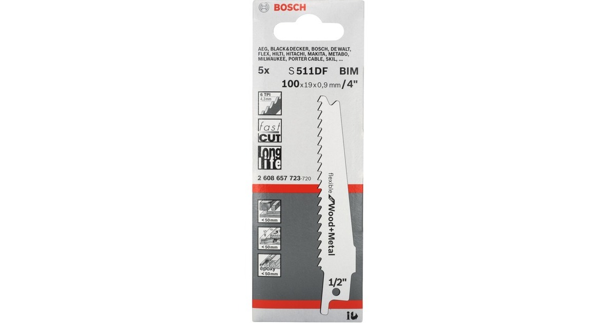 Bosch Säbelsägeblatt S 511 DF Flexible for Wood and Metal, 5 Stück(Länge 100mm)