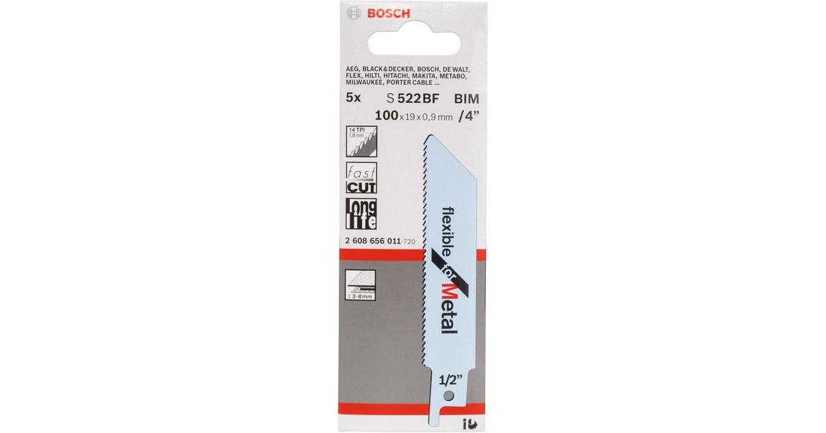 Bosch Säbelsägeblatt S 522 BF Flexible for Metal, 5 Stück(Länge 100mm)
