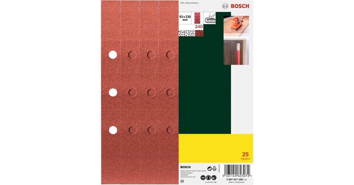 Bosch Schleifblatt 93 x 230mm, K240(25 Stück, für Schwingschleifer AEH, Black+Decker)