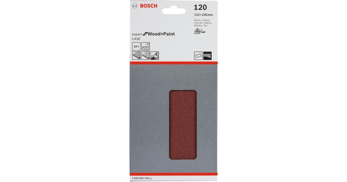Bosch Schleifblatt C430 Expert for Wood and Paint,115x230mm, K120(10 Stück, für Schwingschleifer)